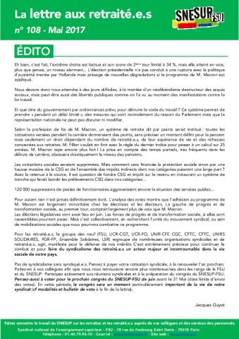 La lettre aux retraité.e.s n° 108 - Mai 2017