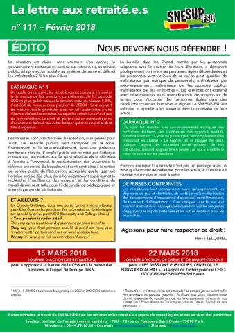 La Lettre aux retraité.e.s n° 111 - Février 2018