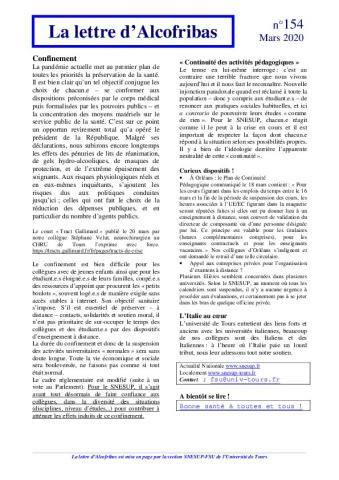 La lettre d’Alcofribas n° 154 - Lettre de la section SNESUP-FSU de l'université de Tours, 23 mars 2020