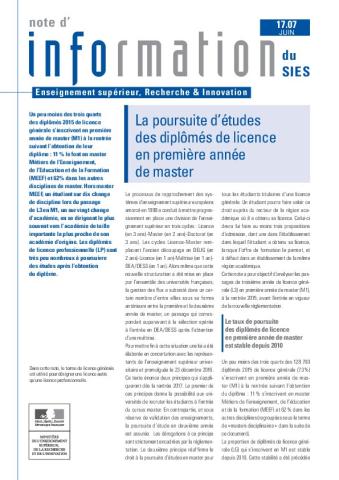 La poursuite d’études des diplômés de licence en première année de master