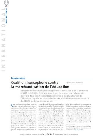 FRANCOPHONIE : Coalition francophone contre ➔ la marchandisation de l’éducation - Secteur International - N° 646 JUIN 2016
