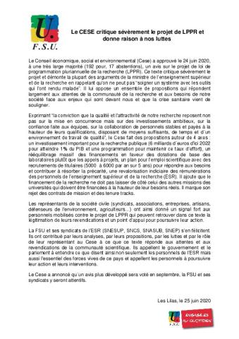 Le CESE critique sévèrement le projet de LPPR et donne raison à nos luttes - CP FSU du 25 juin 2020