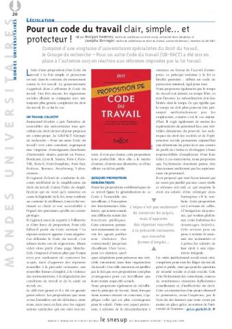 Législation : pour un code du travail clair, simple...et protecteur, par Morgan Sweeney et Josepha Dirringer/N° 654 AVRIL 2017