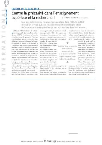 Journée du 15 mars 2017 : contre la précarité dans l'enseignement supérieur ! , par Hervé Christofol/N° 654 AVRIL 2017