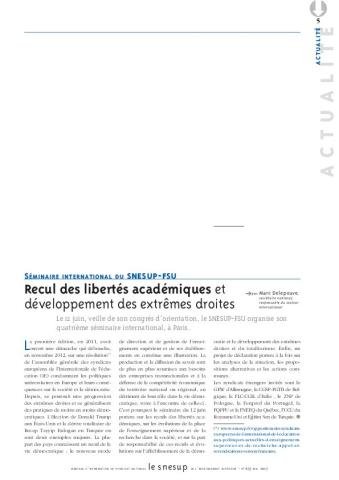 Séminaire international du SNESUP-FSU : recul des libertés académiques et développement des extrêmes droites, par Marc Delepouve/N° 655 MAI 2017