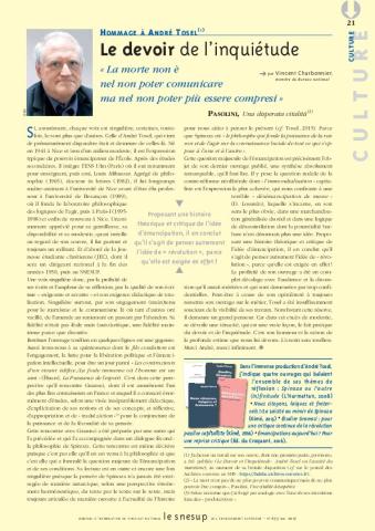 Hommage à André Tosel : le devoir de l'inquiétude, par Vincent Charbonnier/N° 655 MAI 2017