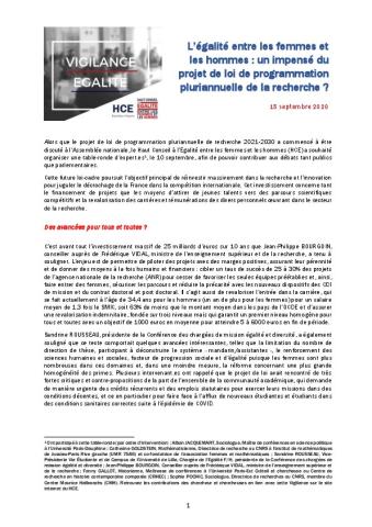 L’égalité entre les femmes et les hommes : un impensé du projet de loi de programmation pluriannuelle de la recherche ? - Avis du HCE du 15 septembre 2020