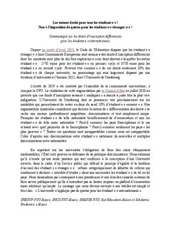 Alsace : « Les mêmes droits pour tous les étudiant·e·s !  Non à l’imposition de quotas pour les étudiant·e·s étranger·e·s ! » - Communiqué intersyndical, 24 novembre 2021