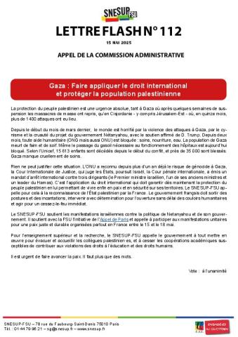 Gaza : Faire appliquer le droit international et protéger la population palestinienne - Appel de la commission administrative du 15 mai 2025 - Lettre flash n°112