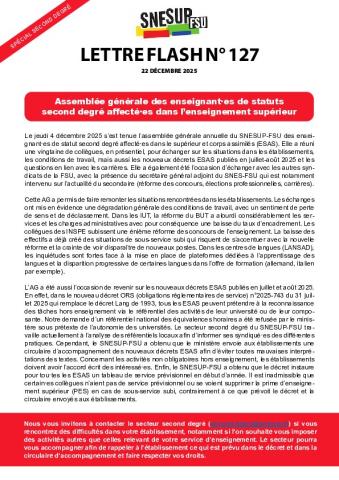 Assemblée générale des enseignant·es de statuts second degré affecté·es dans l’ESR- Lettre flash n°127 - Spécial Second degré