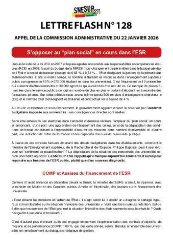 Appel de la Commission administrative du 22 janvier 2026 - S’opposer au “plan social” en cours dans l’ESR - Lettre flash n° 128