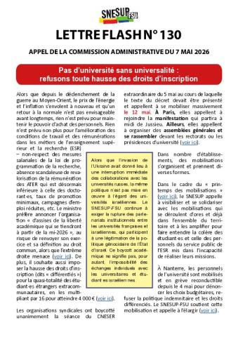 Appel de la Commission administrative du 7 mai 2026 - Pas d’université sans universalité :  refusons toute hausse des droits d’inscription - Lettre flash n° 130