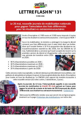 Le 26 mai, nouvelle journée de mobilisation nationale pour gagner l’annulation des frais différenciés pour les étudiant·es extracommunautaires - Lettre flash n°131 du 19 mai 2026