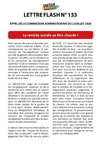 La rentrée sociale va être chaude ! - Appel de la Commission administrative du 2 juillet 2026 - Lettre flash n° 133