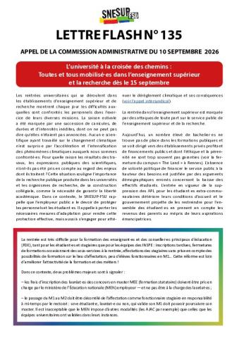 Dès le 15 sept., dans l’ESR tou·tes mobilisé·es - Appel de la Commission administrative du 10 septembre 2026 - Lettre flash n° 135