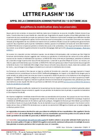 Amplifions la mobilisation dans les universités - Appel de la Commission administrative du 15 octobre 2026 - Lettre flash n° 136