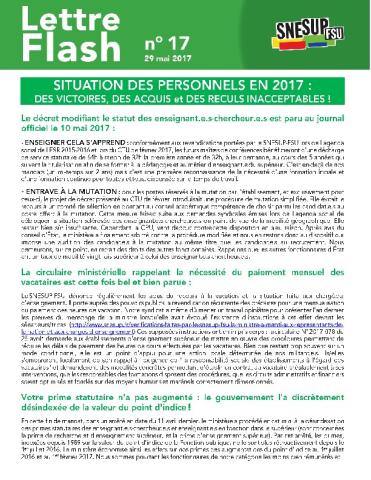 SITUATION DES PERSONNELS EN 2017 : DES VICTOIRES, DES ACQUIS et DES RECULS INACCEPTABLES ! - Lettre flash n°17