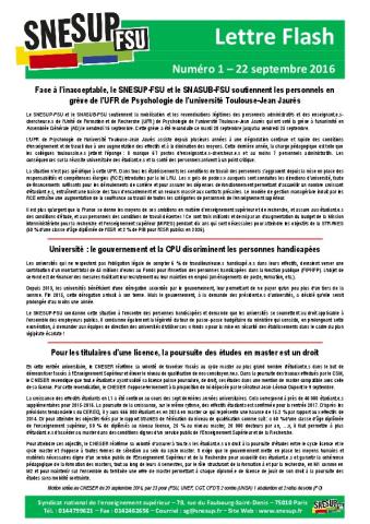 Lettre Flash n°1 : Grève de l’UFR de Psychologie de Toulouse / Handicap / Sélection master