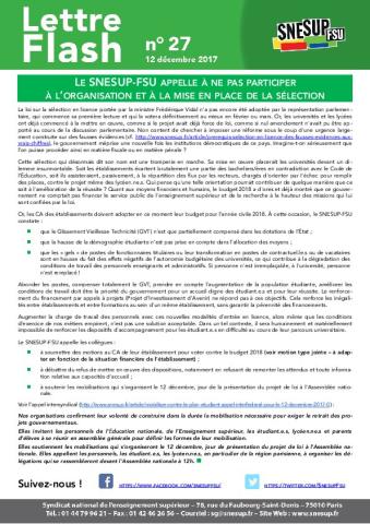 LE SNESUP-FSU APPELLE À NE PAS PARTICIPER À L’ORGANISATION ET A LA MISE EN PLACE DE LA SÉLECTION - Lettre Flash 27