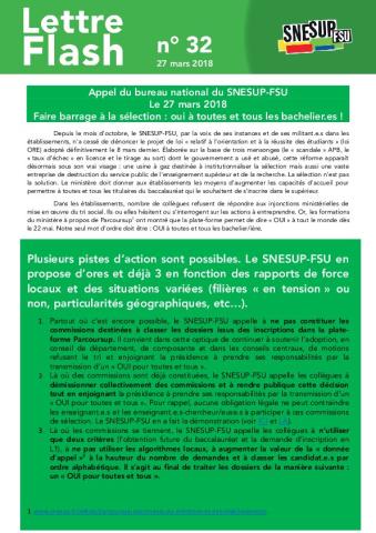 Faire barrage à la sélection : OUI À TOUTES ET TOUS LES BACHELIER.E.S - Appel du BN du 27 mars 2018 - Lettre Flash n° 32