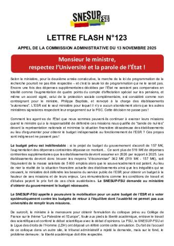 Monsieur le ministre, respectez l’Université et la parole de l’État ! - Appel de la Commission administrative du 13 novembre 2025 - Lettre flash n°123