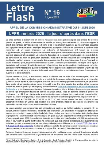 LPPR, rentrée 2020 : le jour d’après dans l’ESR  - Appel de la commission administrative du 11 juin 2020, Lettre Flash n° 16