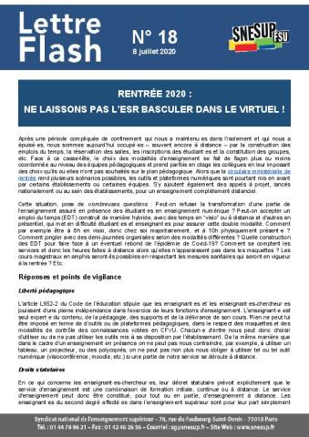 Rentrée 2020 : ne laissons  pas l’ESR basculer dans le virtuel ! - Lettre Flash n° 18, 8 juillet 2020