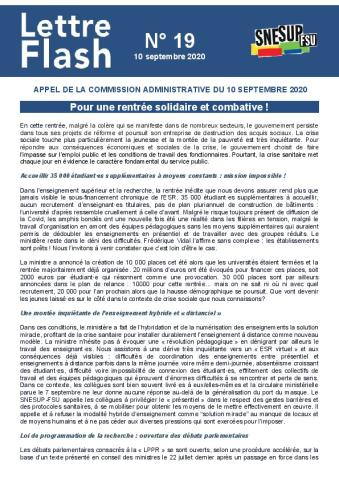Pour une rentrée solidaire et combative ! - Lettre flash n°19 - Appel de la CA du 10 septembre 2020
