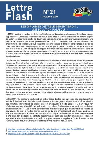 Les diplômes d’établissement bac+1 :  une solution pour qui ? - Lettre flash n°21 du 7 octobre 2020