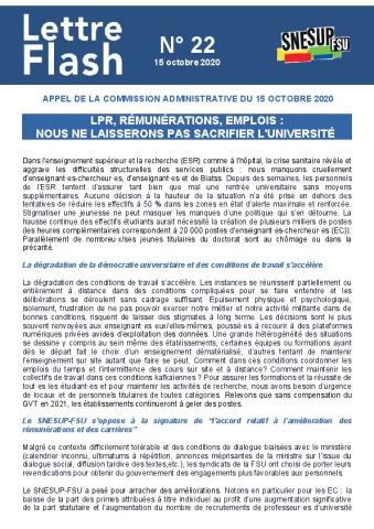 LPR, rémunérations, emplois :  nous ne laisserons pas sacrifier l'Université  - Lettre flash N°22 - Appel de la CA du 15 octobre 2020