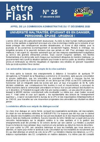 Université maltraitée, étudiant-es en danger, personnel épuisé - URGENCE ! - Lettre flash n°25 - Appel de la CA du 17 décembre 2020