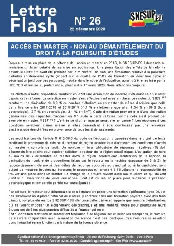 Accès en master - Non au démantèlement du droit à la poursuite d'études - Lettre flash n°26 du 22 décembre 2020
