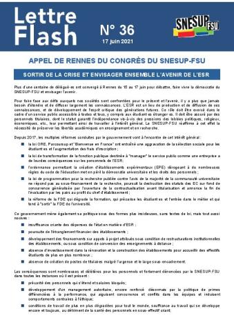 Appel de Rennes du congrès du SNESUP-FSU - Lettre flash n°36 du 17 juin 2021