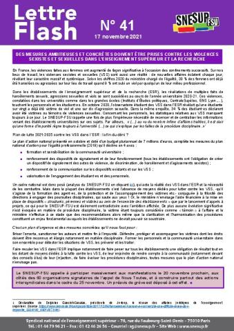 Des mesures ambitieuses et concrètes doivent être prises contre les violences sexistes et sexuelles dans l'ESR- Lettre flash n°41 du 17 novembre 2021