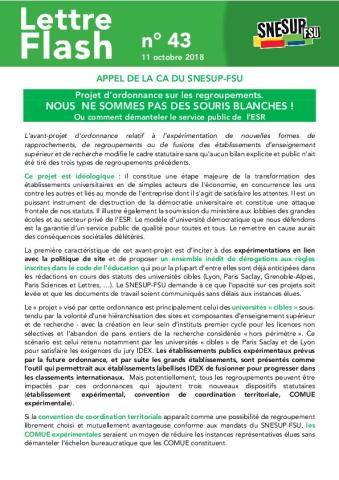 Projet d’ordonnance sur les regroupements. NOUS NE SOMMES PAS DES SOURIS BLANCHES ! - Flash n° 43,  11 octobre 2018