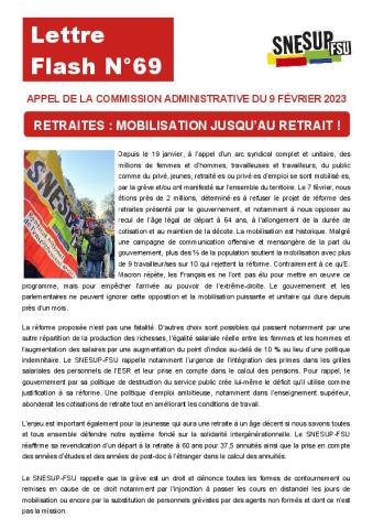 Retraites : mobilisation jusqu'au retrait - Appel de la Commission administrative du 9 février 2023 - Lettre flash n°69