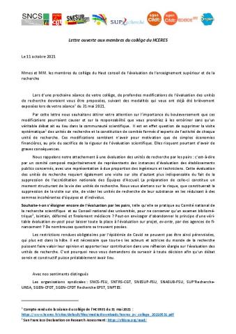  Lettre ouverte aux membres du collège du HCERES - 11 octobre 2021