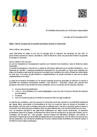 Lettre aux lycéen.ne.s et aux parents : Alerte à propos de la nouvelle procédure d’accès à l’université 