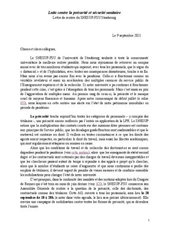 Lutte contre la précarité et sécurité sanitaire - Lettre de rentrée de la section SNESUP-FSU de l'Université de Strasbourg, 9 septembre 2021