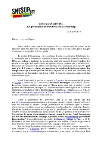 Université de Strasbourg : Lettre de la section SNESUP-FSU aux personnels de l’Université - 16 avril 2018