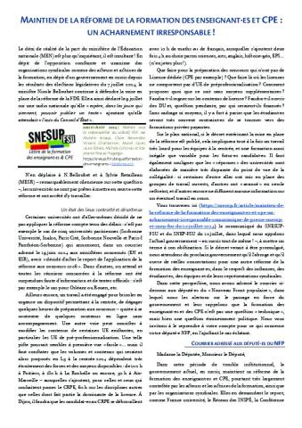 Lettre FDE juillet/août 2024 - Maintien de la réforme de la formation des enseignant· es et CPE : un acharnement irresponsable !