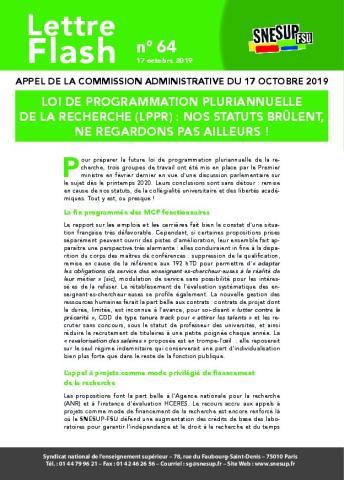 LOI DE PROGRAMMATION PLURIANNUELLE DE LA RECHERCHE (LPPR) : NOS STATUTS BRÛLENT, NE REGARDONS PAS AILLEURS ! - Lettre flash n°64