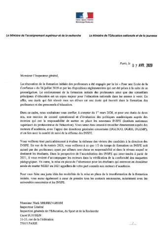 Lettre de mission M. Sherringham sur les INSPÉ