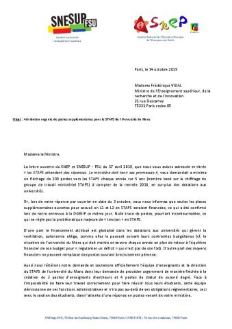 Lettre à la Ministre : Attribution urgente de postes supplémentaires pour le STAPS de l’Université du Mans