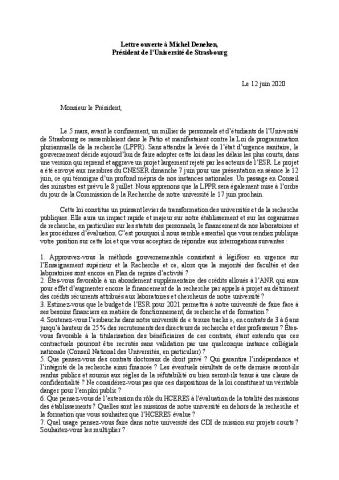 LPPR : Lettre ouverte du comité de mobilisation de l'Université de Strasbourg au président de l'université - 12 juin 2020