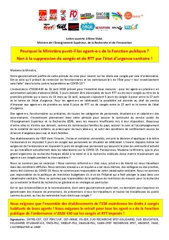 Pourquoi le Ministère punit-il les agent‑e‑s de la Fonction publique ? Non à la suppression de congés et de RTT par l'état d'urgence sanitaire ! - Lettre ouverte à Mme Vidal du 30 avril 2020
