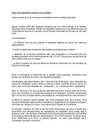 Université de Guyane : « Pour une Université ouverte sur le monde » - Lettre ouverte de la communauté universitaire et de la société guyanaise, 3 avril 2019