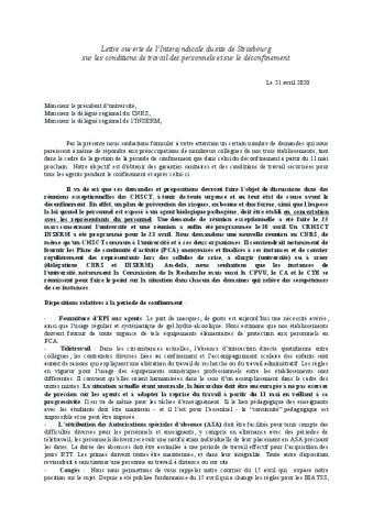 Lettre ouverte de l’Intersyndicale de l'université de Strasbourg sur les conditions de travail des personnels et sur le déconfinement - 21 avril 2020