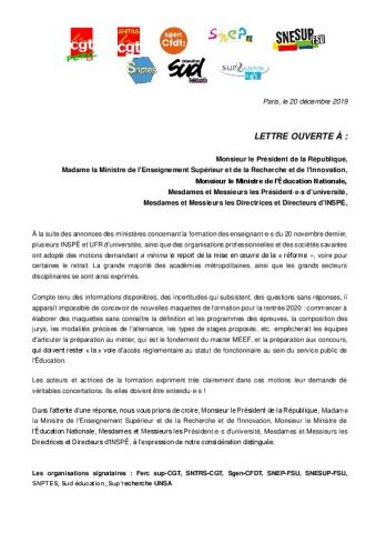 Réforme de la formation des enseignants - Lettre ouverte du 20 décembre 2019