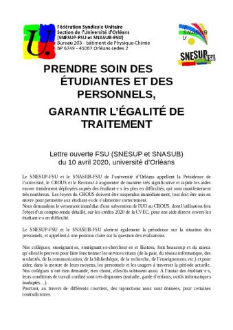 Université d’Orléans : "Prendre soin des étudiant.e.s et des personnels, garantir l'égalité de traitement" - Lettre ouverte du SNESUP-FSU et SNASUB-FSU, 10 avril 2020